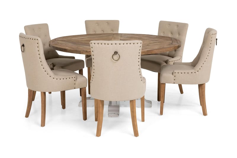 Lyon Spisegruppe Ø150 cm Rund med 6 Viktoria Stoler - Vintage Natur / Hvit / Beige - Møbler - Bord - Spisegrupper
