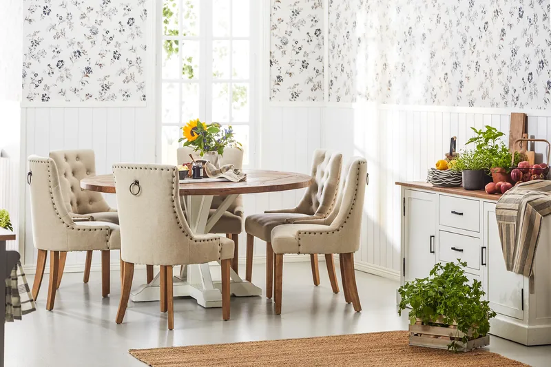 Lyon Spisegruppe Ø150 cm Rund med 6 Viktoria Stoler - Vintage Natur / Hvit / Beige - Møbler - Bord - Spisegrupper