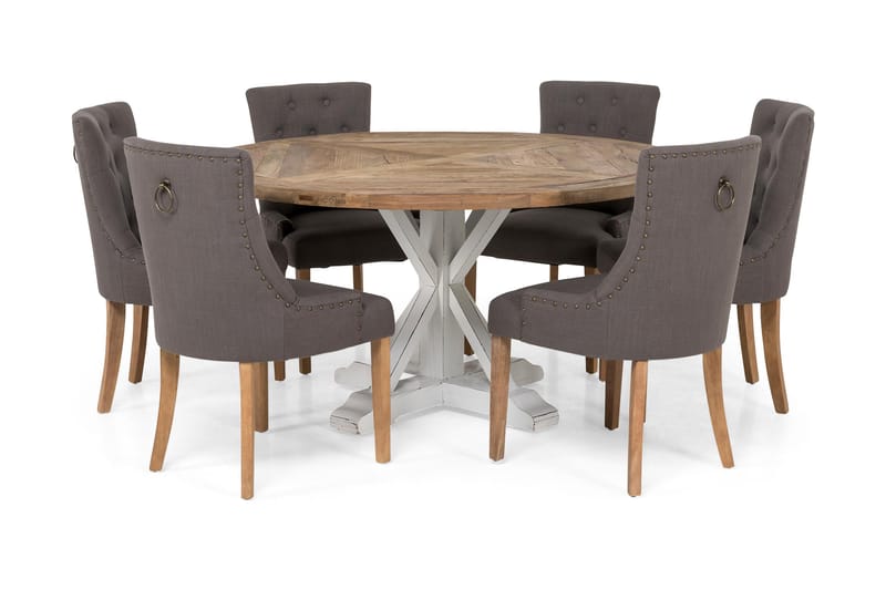 Lyon Spisegruppe Ø150 cm Rund med 6 Viktoria Stoler - Vintage Natur/Hvit/Grå - Møbler - Bord - Spisegrupper