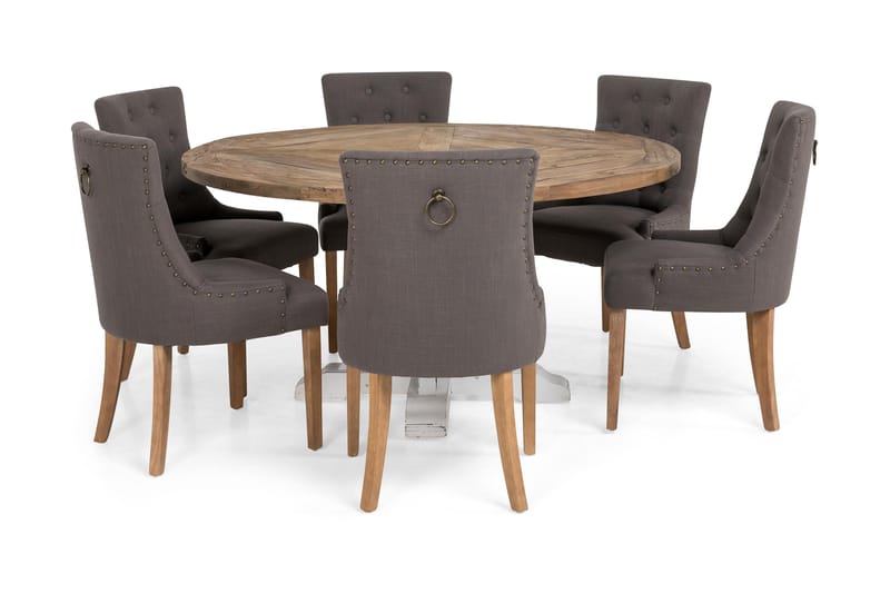 Lyon Spisegruppe Ø150 cm Rund med 6 Viktoria Stoler - Vintage Natur/Hvit/Grå - Møbler - Bord - Spisegrupper