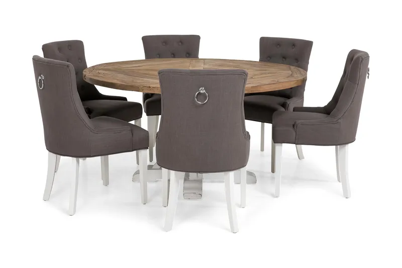Lyon Spisegruppe Ø150 cm Rund med 6 Viktoria Stoler - Vintage Natur/Hvit/Grå - Møbler - Bord - Spisegrupper