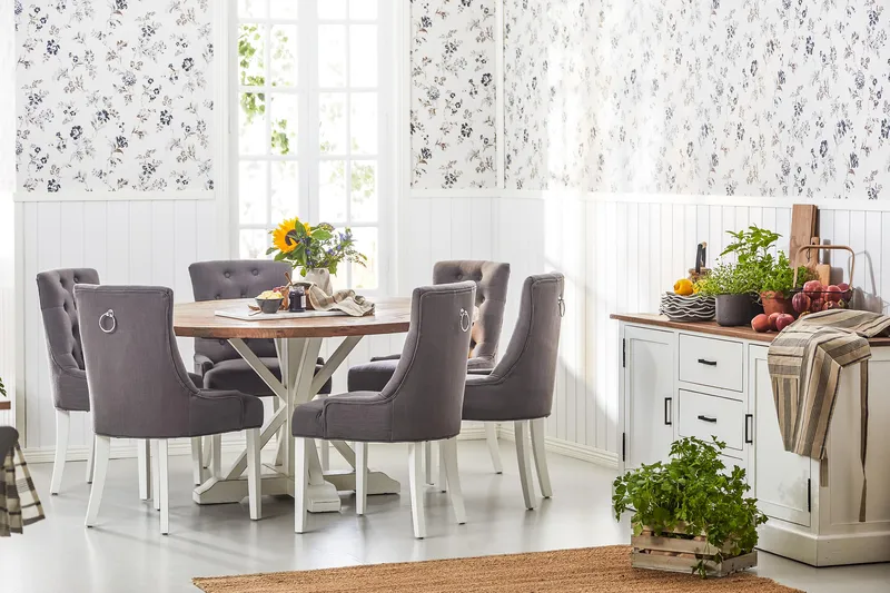 Lyon Spisegruppe Ø150 cm Rund med 6 Viktoria Stoler - Vintage Natur/Hvit/Grå - Møbler - Bord - Spisegrupper