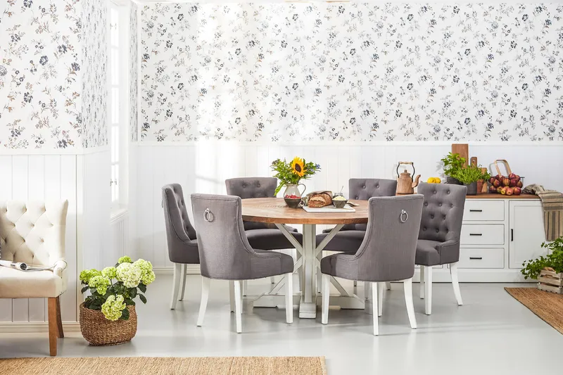 Lyon Spisegruppe Ø150 cm Rund med 6 Viktoria Stoler - Vintage Natur/Hvit/Grå - Møbler - Bord - Spisegrupper