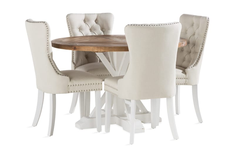 Lyon Spisegruppe 120 cm Rund inkl 4 Bergviken Stoler, Brun/Hvit