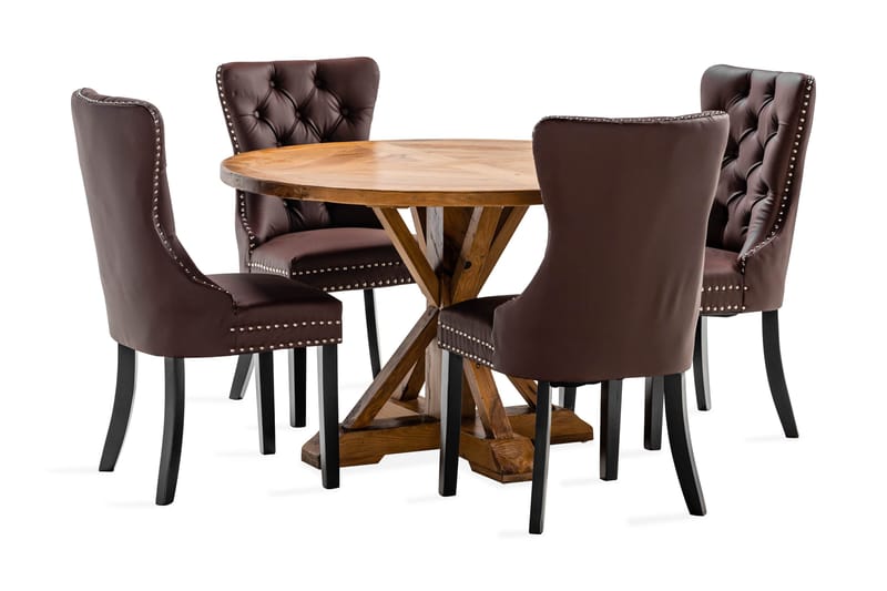 Lyon Spisegruppe 120 cm Rund med 4 Bergviken Stoler Kunstlær, Brun
