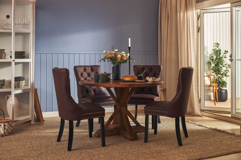 Lyon Spisegruppe 120 cm Rund med 4 Bergviken Stoler Kunstlær - Brun - Møbler - Bord - Spisegrupper