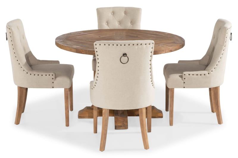 Lyon Spisegruppe 120 cm Rundt spisebord i Tre med 4 Viktoria Stoler, Tre / Beige
