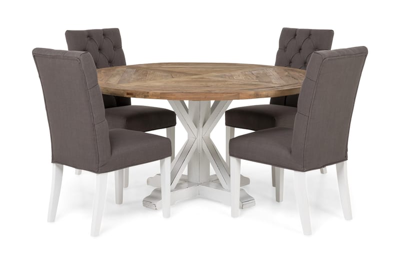 Lyon Spisegruppe 150 cm Rund med 4 Jenny Stol, Vintage Alm/Grå/Hvit