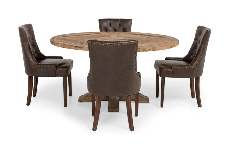 Lyon Spisegruppe 150 cm Rund med 4 Tuva Lenestol - Vintage Alm/Brun PU - Møbler - Bord - Spisegrupper
