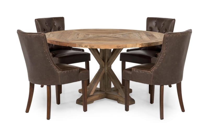 Lyon Spisegruppe 150 cm Rund med 4 Tuva Lenestol - Vintage Alm/Brun PU - Møbler - Bord - Spisegrupper