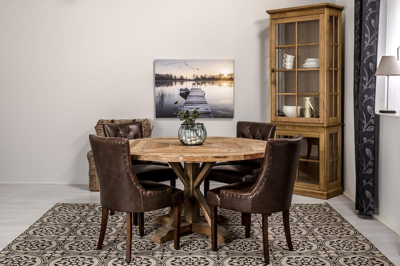 Lyon Spisegruppe 150 cm Rund med 4 Tuva Lenestol - Vintage Alm/Brun PU - Møbler - Bord - Spisegrupper