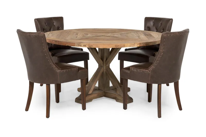 Lyon Spisegruppe 150 cm Rund med 4 Tuva Lenestol, Vintage Alm/Brun PU