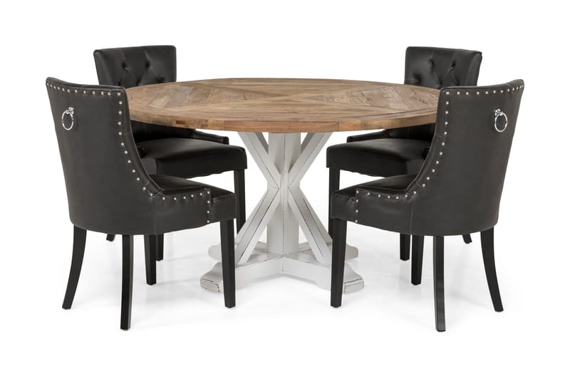 Lyon Spisegruppe 150 cm Rund med 4 Tuva Lenestol - Vintage Alm/Hvit/Svart PU - Møbler - Bord - Spisegrupper