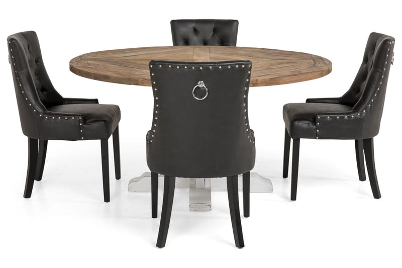 Lyon Spisegruppe 150 cm Rund med 4 Tuva Lenestol - Vintage Alm/Hvit/Svart PU - Møbler - Bord - Spisegrupper