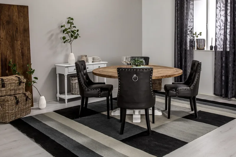 Lyon Spisegruppe 150 cm Rund med 4 Tuva Lenestol - Vintage Alm/Hvit/Svart PU - Møbler - Bord - Spisegrupper