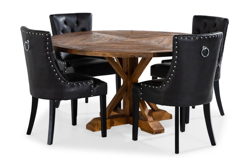 Lyon Spisegruppe 150 cm Rund med 4 Tuva Lenestol - Vintage Alm/Svart PU - Møbler - Bord - Spisegrupper