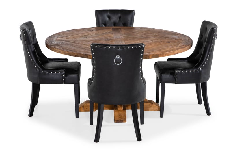Lyon Spisegruppe 150 cm Rund med 4 Tuva Lenestol - Vintage Alm/Svart PU - Møbler - Bord - Spisegrupper