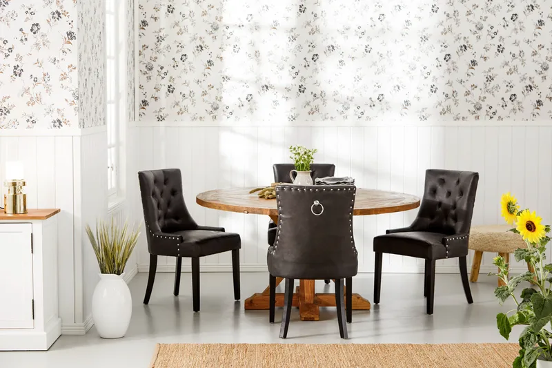 Lyon Spisegruppe 150 cm Rund med 4 Tuva Lenestol - Vintage Alm/Svart PU - Møbler - Bord - Spisegrupper