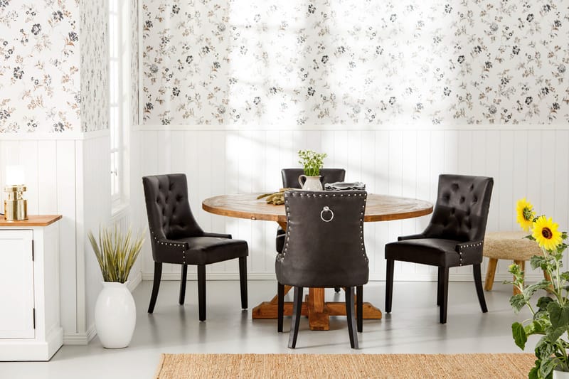 Lyon Spisegruppe 150 cm Rund med 4 Tuva Lenestol - Vintage Alm/Svart PU - Møbler - Bord - Spisegrupper