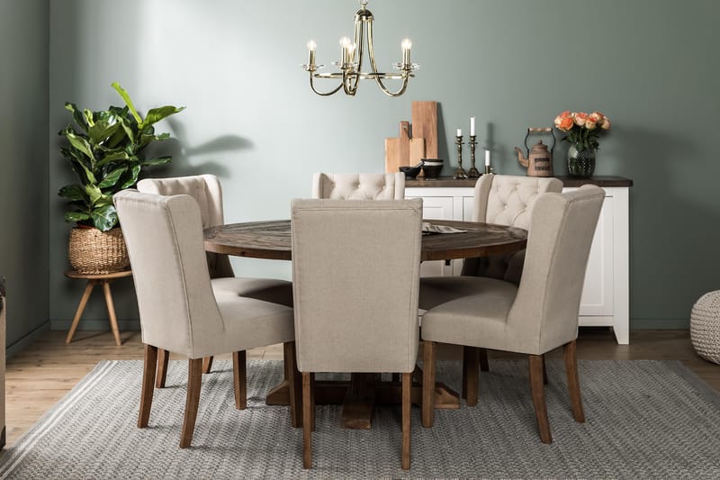 Lyon Spisegruppe 150 cm Rund med 6 Irma Stol - Vintage Alm/Beige - Møbler - Bord - Spisegrupper
