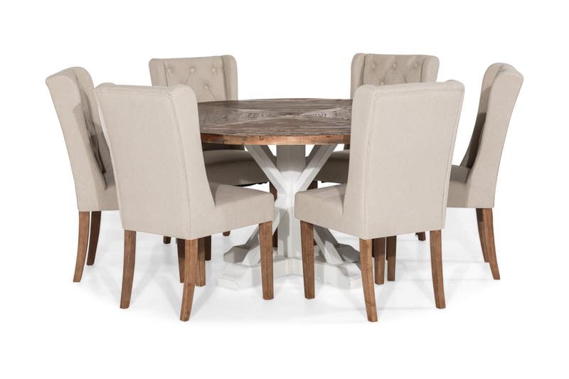 Lyon Spisegruppe 150 cm Rund med 6 Irma Stol - Vintage Alm/Beige - Møbler - Bord - Spisegrupper