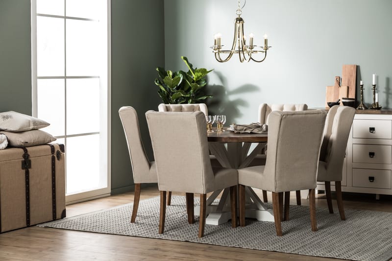 Lyon Spisegruppe 150 cm Rund med 6 Irma Stol - Vintage Alm/Beige - Møbler - Bord - Spisegrupper