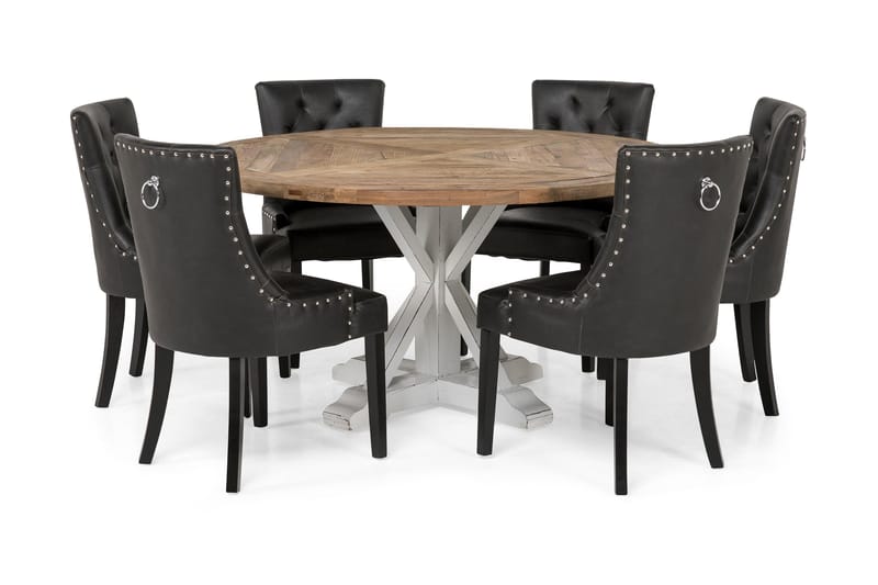 Lyon Spisegruppe 150 cm Rund med 6 Tuva Lenestol - Vintage Alm/Hvit/Svart PU - Møbler - Bord - Spisegrupper
