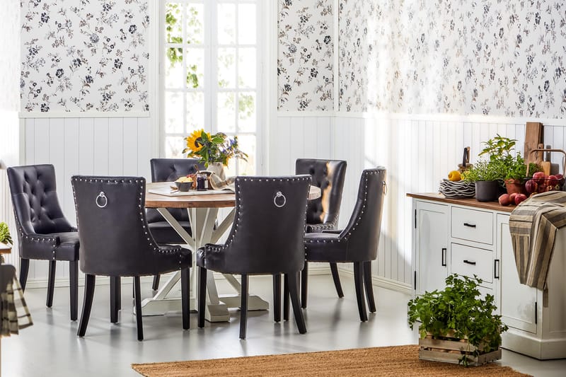 Lyon Spisegruppe 150 cm Rund med 6 Tuva Lenestol - Vintage Alm/Hvit/Svart PU - Møbler - Bord - Spisegrupper