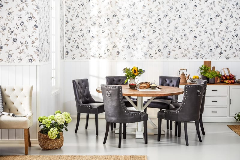 Lyon Spisegruppe 150 cm Rund med 6 Tuva Lenestol - Vintage Alm/Hvit/Svart PU - Møbler - Bord - Spisegrupper