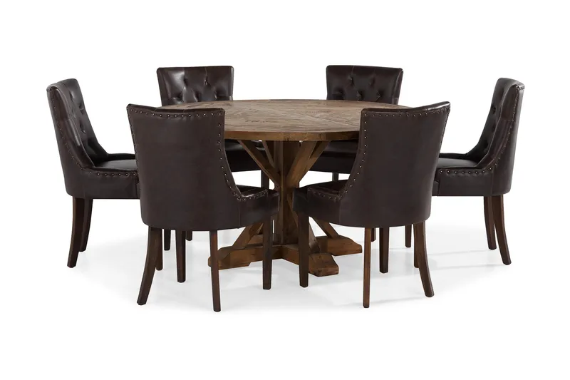 Lyon Spisegruppe 150 cm Rundt Mørkt Tre med 6 Tuva Stoler, Vintage Alm / Brun PU