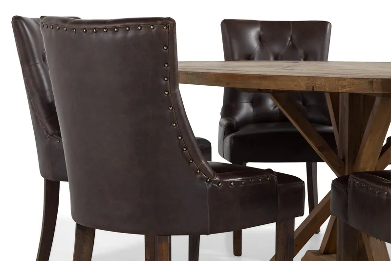 Lyon Spisegruppe 150 cm Rundt Mørkt Tre med 6 Tuva Stoler - Vintage Alm / Brun PU - Møbler - Bord - Spisegrupper