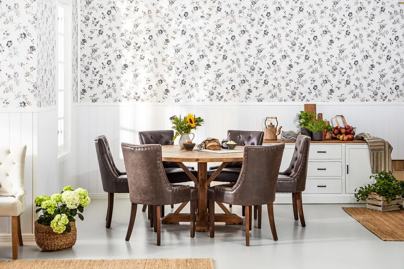 Lyon Spisegruppe 150 cm Rundt Mørkt Tre med 6 Tuva Stoler - Vintage Alm / Brun PU - Møbler - Bord - Spisegrupper