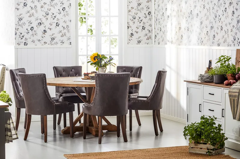 Lyon Spisegruppe 150 cm Rundt Mørkt Tre med 6 Tuva Stoler - Vintage Alm / Brun PU - Møbler - Bord - Spisegrupper