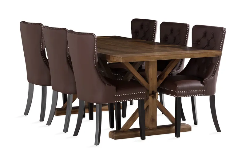 Lyon Spisegruppe 200x100cm inkl 6 Bergviken Stoler Kunstlær, Brun