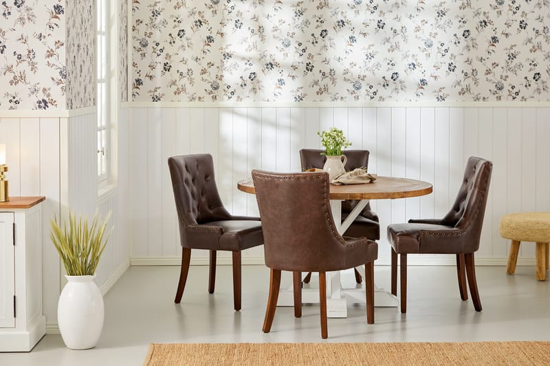 Lyon Spisegruppe Rund med 4 Tuva Lenestoler Kunstlær - Tre/Hvit/Svart PU - Møbler - Bord - Spisegrupper