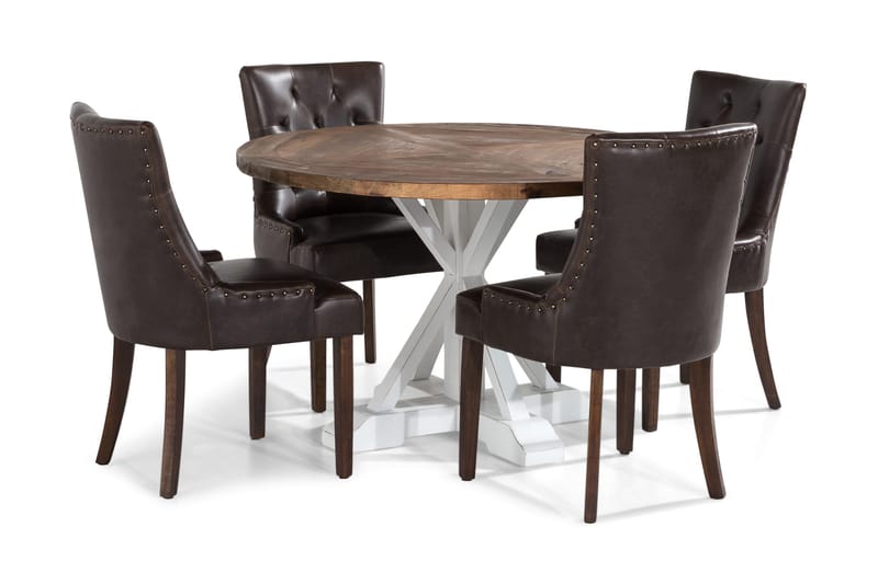 Lyon Spisegruppe Rund med 4 Tuva Lenestoler Kunstlær, Tre/Hvit/Svart PU