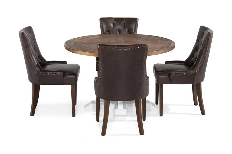 Lyon Spisegruppe Rund med 4 Tuva Lenestoler Kunstlær - Tre/Hvit/Svart PU - Møbler - Bord - Spisegrupper