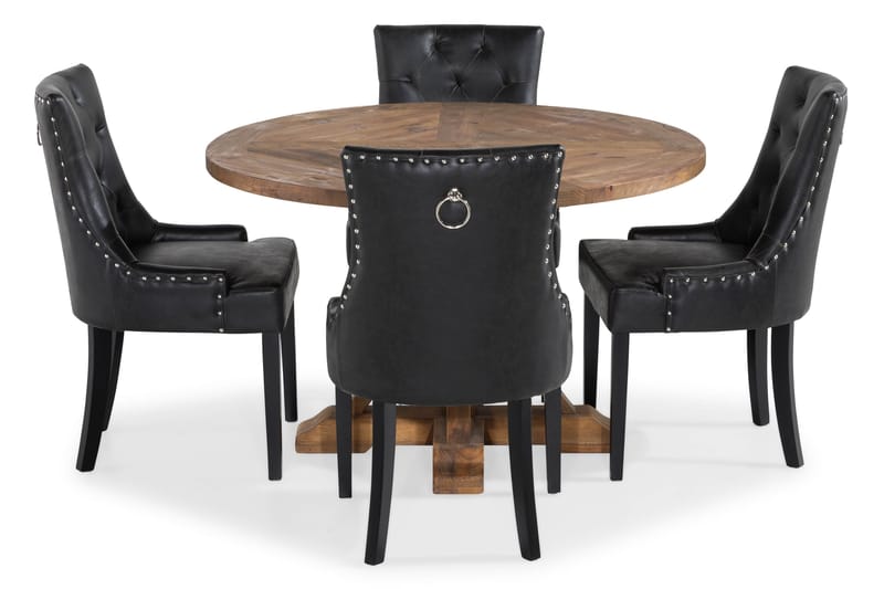 Lyon Spisegruppe Rund med 4 Tuva Lenestoler Kunstlær - Tre/Svart PU - Møbler - Bord - Spisegrupper
