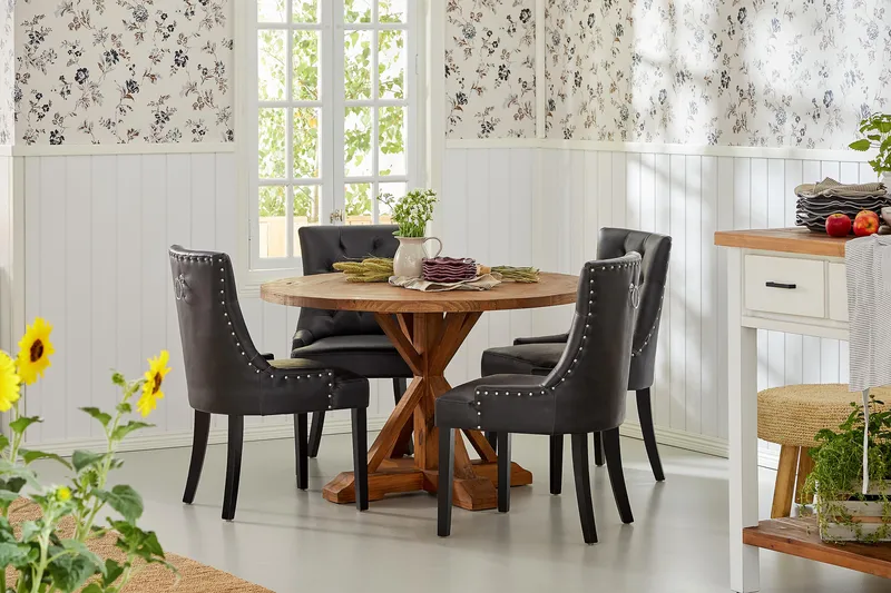 Lyon Spisegruppe Rund med 4 Tuva Lenestoler Kunstlær - Tre/Svart PU - Møbler - Bord - Spisegrupper