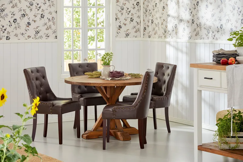 Lyon Spisegruppe Rund med 4 Tuva Lenestoler Kunstlær - Tre/Svart PU - Møbler - Bord - Spisegrupper