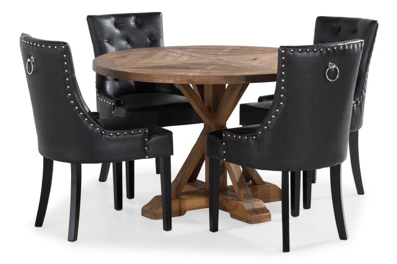 Lyon Spisegruppe Rund med 4 Tuva Lenestoler Kunstlær - Tre/Svart PU - Møbler - Bord - Spisegrupper