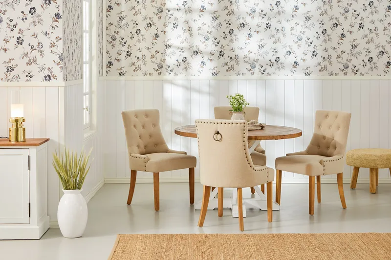 Lyon Spisegruppe Rund med 4 Viktoria Lenestoler - Tre/Hvit/Beige - Møbler - Bord - Spisegrupper