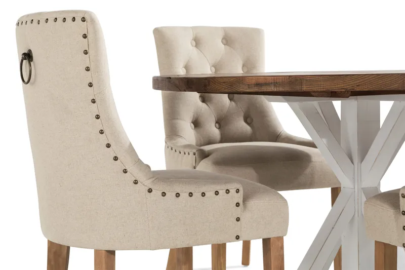 Lyon Spisegruppe Rund med 4 Viktoria Lenestoler - Tre/Hvit/Beige - Møbler - Bord - Spisegrupper