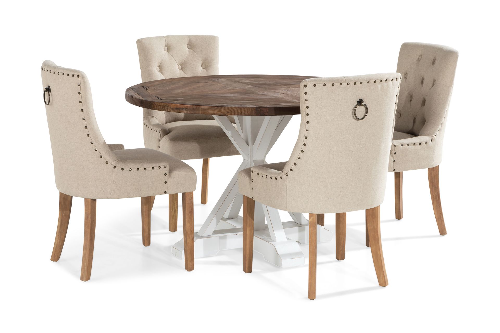 Lyon Spisegruppe Rund med 4 Viktoria Lenestoler - Tre/Hvit/Beige - Møbler - Bord - Spisegrupper