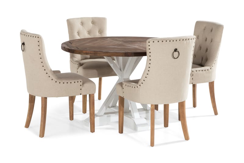 Lyon Spisegruppe Rund med 4 Viktoria Lenestoler - Tre/Hvit/Beige - Møbler - Bord - Spisegrupper