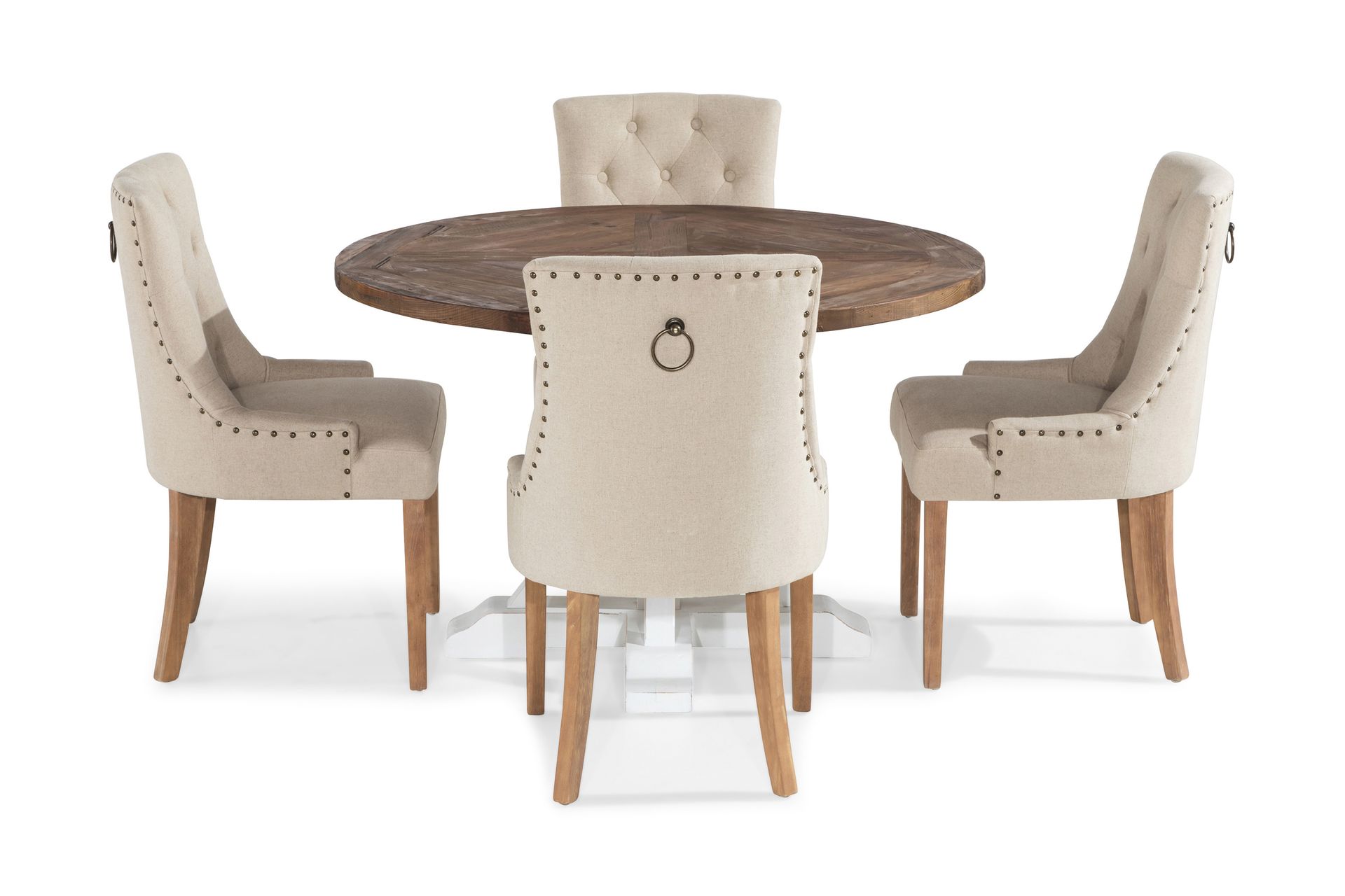 Lyon Spisegruppe Rund med 4 Viktoria Lenestoler - Tre/Hvit/Beige - Møbler - Bord - Spisegrupper