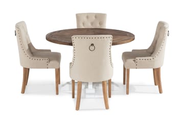 Lyon Spisegruppe Rund med 4 Viktoria Lenestoler - Tre/Hvit/Beige - Møbler - Bord - Spisegrupper