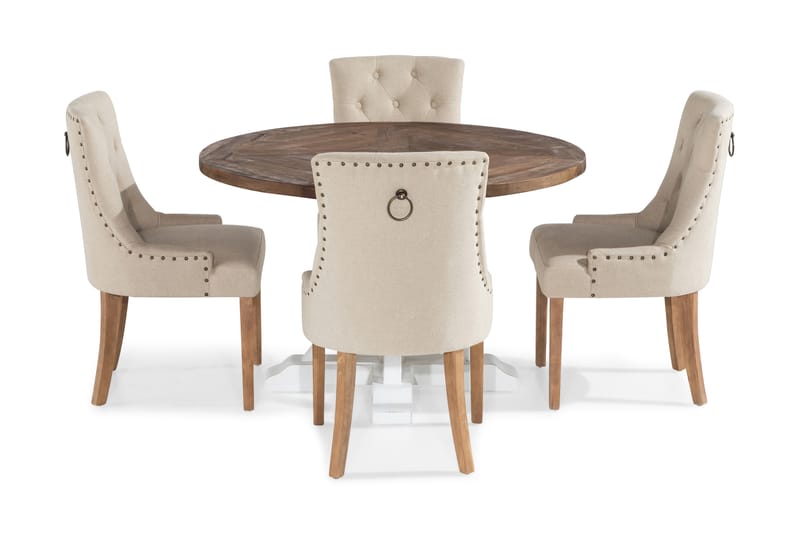 Lyon Spisegruppe Rund med 4 Viktoria Lenestoler - Tre/Hvit/Beige - Møbler - Bord - Spisegrupper