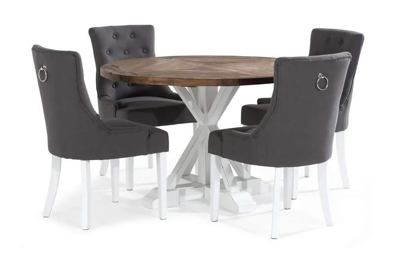 Lyon Spisegruppe Rund med 4 Viktoria Lenestoler - Tre/Hvit/Grå - Møbler - Bord - Spisegrupper