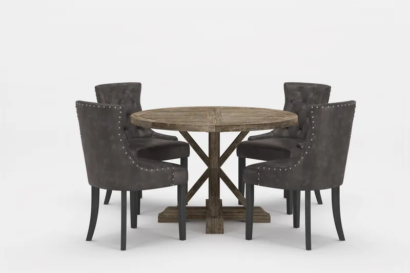 Lyon Premium Spisegruppe Rund 120 cm+4 stk Tuva Spisestoler, Grå/Brun